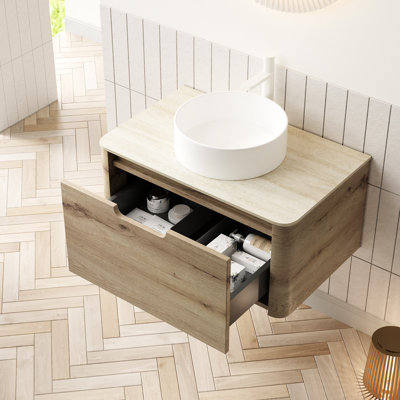 Meuble-lavabo de 30 po avec lavabo vasque rond en céramique blanche de haute qualité, comptoir en pierre frittée à motif romain, tiroir de rangement mural en contreplaqué et installation facile, pré-assemblé, chêne