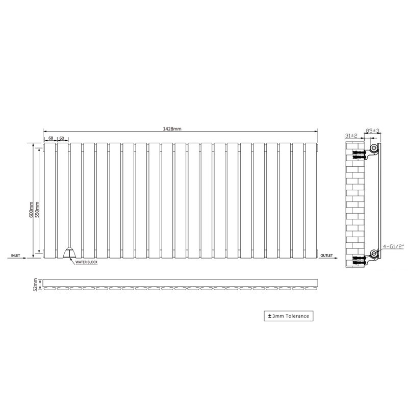Adah Horizontal Single Flat Panel Radiator, 1, Chrome, 600mm H x 1428mm W x 52mm D