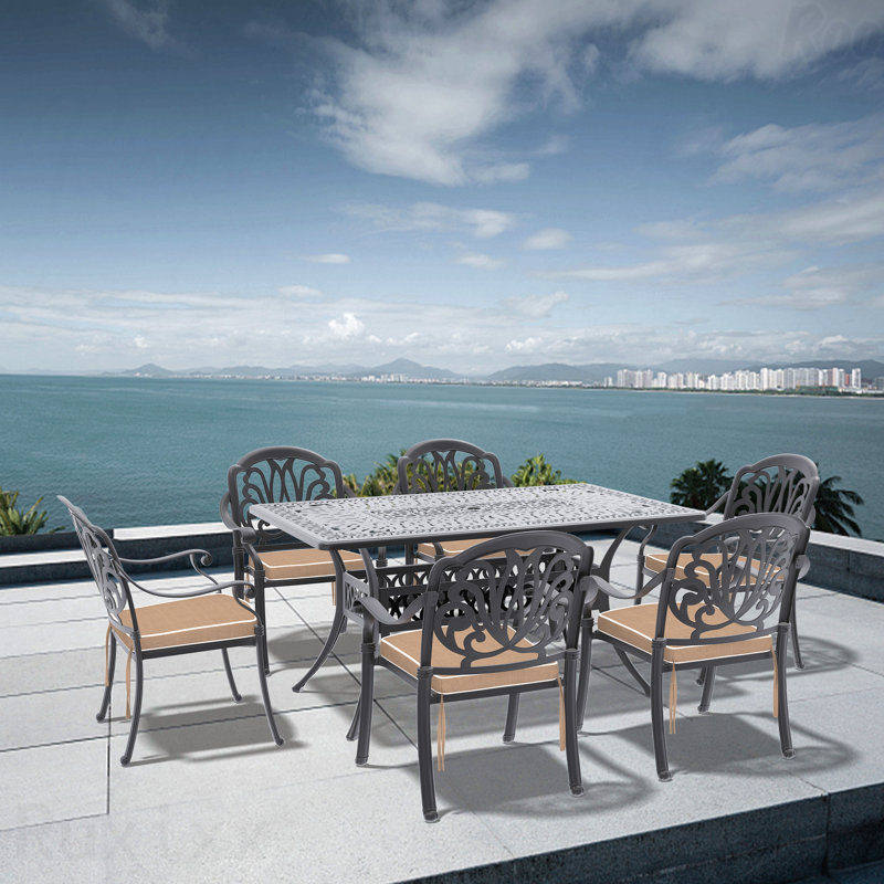 Ensemble de 7 pièces de mobilier de patio en aluminium coulé avec coussins bruns, 7 pièces : table, 6 chaises