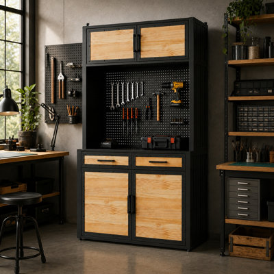82.7" Industrial Tool Storage Cabinet With Pegboard, Black Metal & Pine Wood Garage Organizer With Drawers