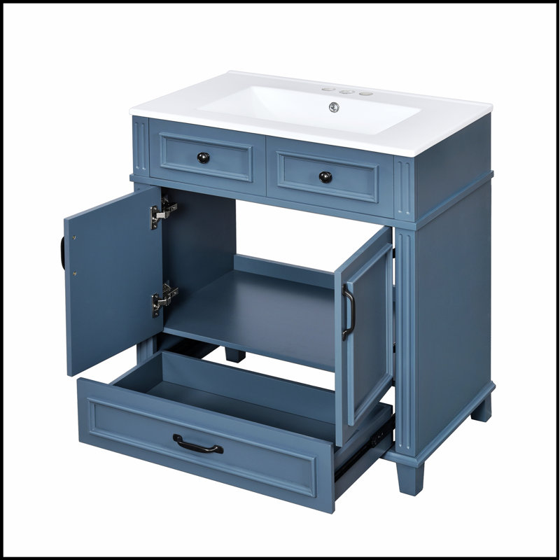 30-Inch Blue Bathroom Vanity with Ceramic Sink, Solid Wood, Soft-Closing Doors, and Ample Storage for Modern Elegance