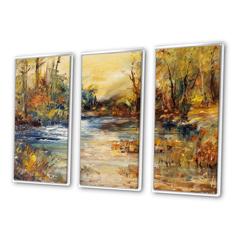 «Stream In Forest», peinture à l'huile sur cadre flottant 3 pièces, H 32 po x l 48 po x P 1 po, Blanc