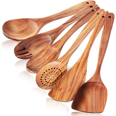 6-Pack Premium Teak Wood Spoons For Cooking - Heat-Resistant Wooden Utensil Set With Comfort Grip For Non-Stick Cookware