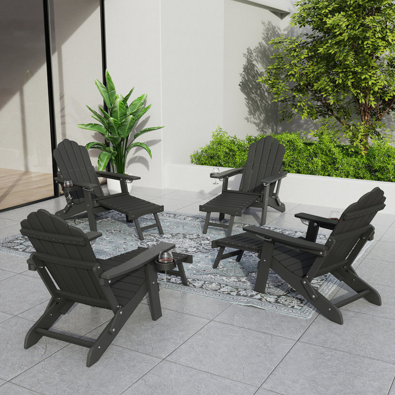 Ensemble de 4 chaises Adirondack pliantes avec porte-gobelet et repose-pieds rétractable HiPS pour patio, Noir