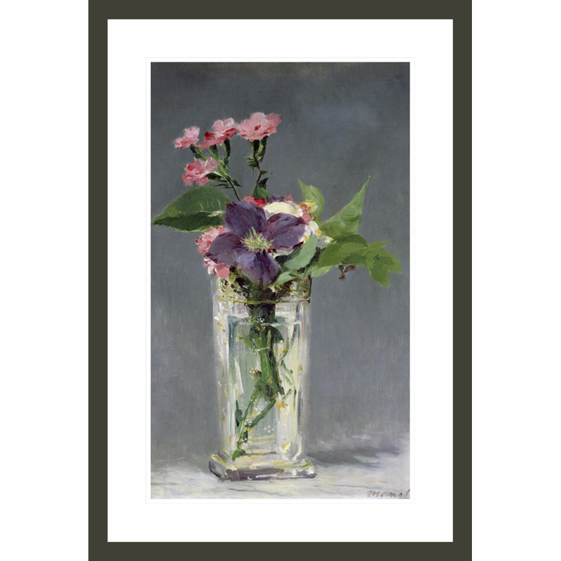 Roses et clématites dans un vase en cristal par Édouard Manet, impression giclée sur cadre, H 29,5 po x l 20,17 po