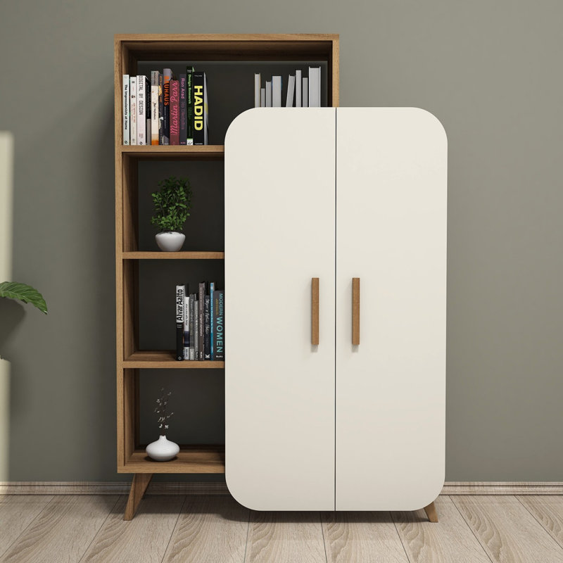 Modern Bookshelf with Numerous Shelves, Walnut & Cream Color, 35.4 x 51.9 x 12.6 inches | 100% Melamine Coated Particle Board, Thickness: 0.7 inches | Wall-Mountable, 99 Lbs Weight Capacity, Stylish & Functional Design