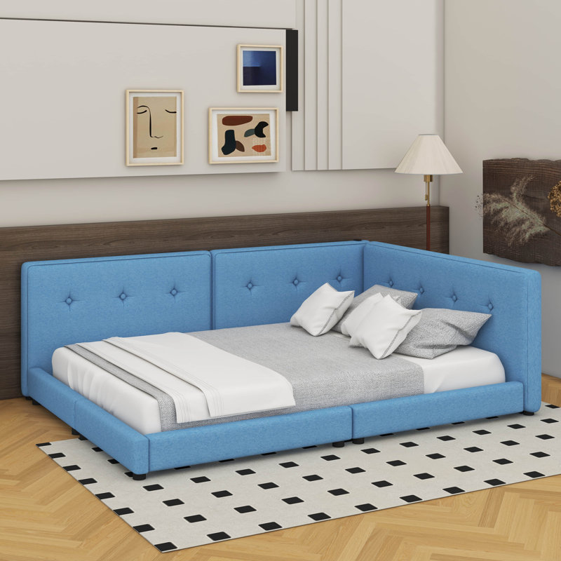 Lit plateforme tapissier avec ports USB, Bleu, Grand lit