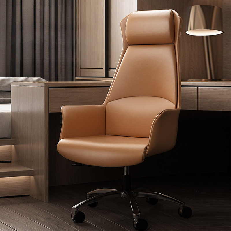 Fauteuil de bureau réglable en cuir véritable + similicuir + alliage d'aluminium, Marron clair