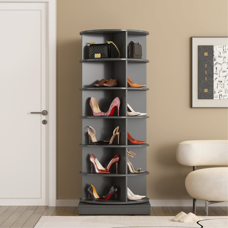 Armoire à chaussures grise rotative 360 °, 6 couches, pouvant contenir 24 paires, ajoutant du style à l'armoire à tablettes décorative, pouvant être facilement assemblée, esthétique moderne