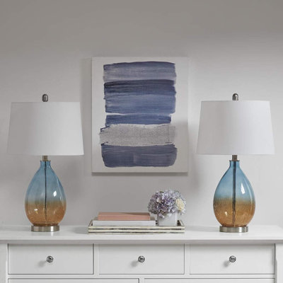 Set Of 2 Modern Table Lamps With Ombre Crackled Glass Base, Tapered Drum Shade, And Rotary On/Off Switch, Perfect For Bedside Or Study Lighting