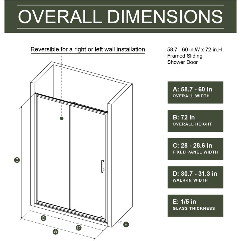 72 In H X 60 W Single Sliding Shower Door, 1/5" Tempered Glass, Black Aluminum Alloy, Stainless Steel Handle, Fine Durability Elegant Functionality