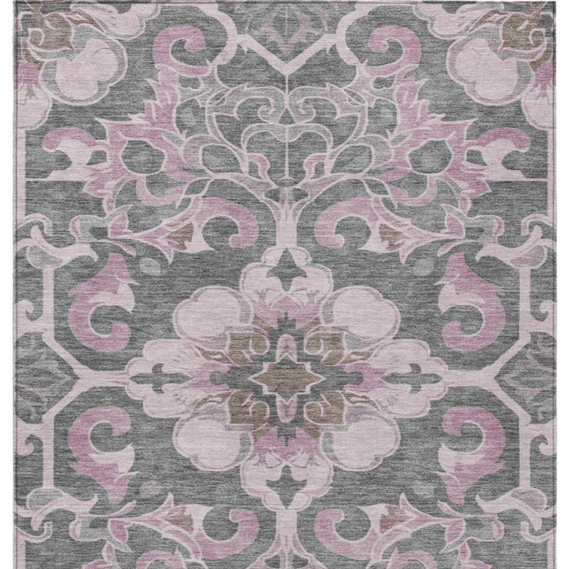 Tapis intérieur lavable damassé rose et gris anthracite 3 pi x 5 pi