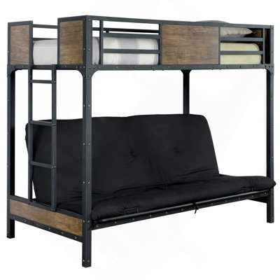 Industrial Style Unique Bunk Bed Futon Metal Structure Attached Ladder With Wood Panels Nailhead Trim Mattress-Not Included