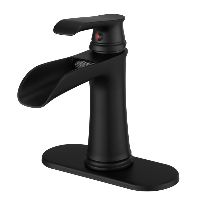 Robinet cascade de lavabo de salle de bain à une poignée, plaque de pont, noir mat, drain escamotable, conduites d'alimentation, contrôle, apparence géométrique, style de robinet latéral, installation de valve à cartouche