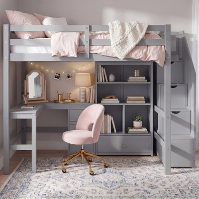 Lit mezzanine double avec bureau en L et tiroirs, armoire et escalier de rangement, gris