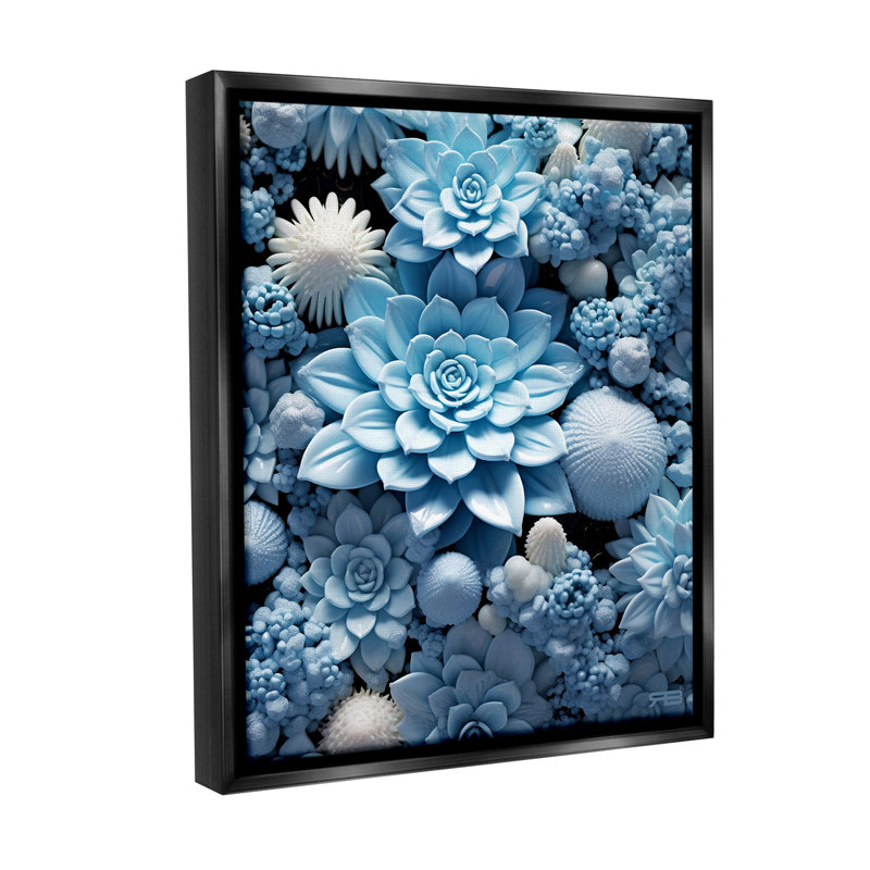 "Blue Patterned Succulents" par RB sur toile, Cadre flottant noir de jais, H 21 po x l 17 po