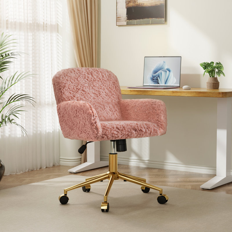 Swivel Adjustable Office Chair With Golden Metal Base, Pink