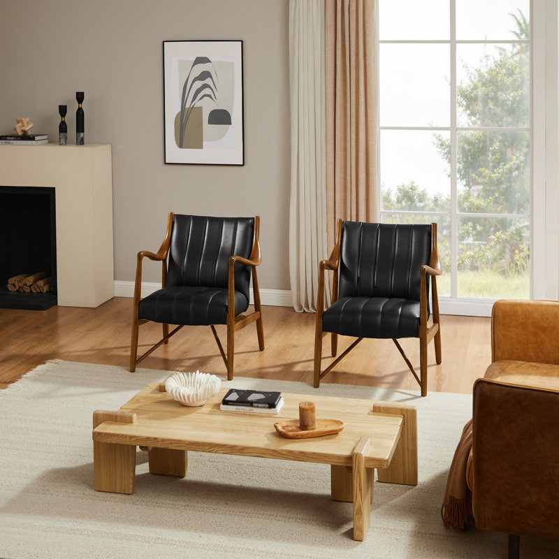 Genuine Leather Tufted Accent Armchair With Solid Wood Frame, Black