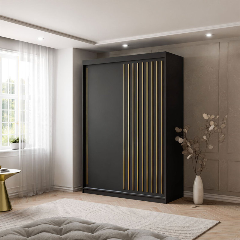 Sliding Wardrobe AURIS  with Gold Strips, Black Matt