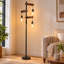 Lampadaire industriel en bois noir et naturel de 173 cm (68 po) avec trois lumières et variateur