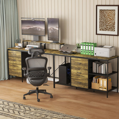 114 Inch L-Shaped Desk With Power Outlets & USB-C, Industrial Computer Desk With 6 Fabric Drawers, 3 Open Shelves & Movable Monitor Stands, Large Corn by Latitude Run