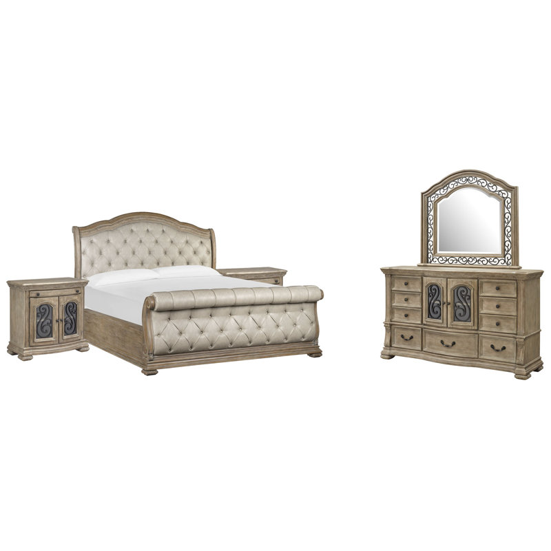 Grand lit-bateau tapissier 2 commodes et commode avec miroir, Beige, 5 Pcs: Bed, 2 Nightstands, Dresser, Mirror, Queen