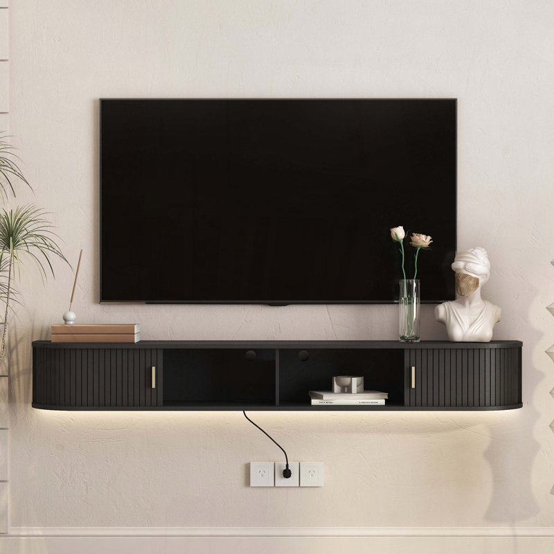Meuble télé flottant avec design incurvé et portes coulissantes, Noir