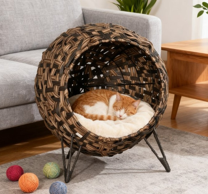 Grotte pour chat en osier ventilé et surélevée en osier tissé à la main avec coussin
