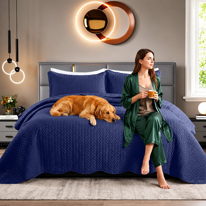 Embossed Microfiber Quilt Coverlet Set, Navy, Twin ( 66 Inc x 86 Inc )