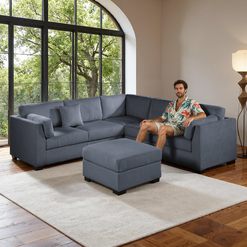 Canapé modulaire modulaire en forme de L 4 pièces avec coin et repose-pieds, Gris foncé