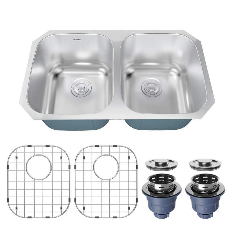 Karran Profile 32 inch Undermount 18 Gauge Double Bowl Stainless Steel Kitchen Sink with Accessories