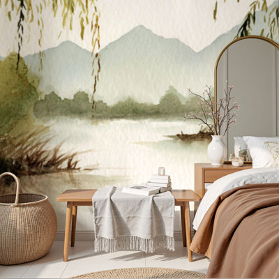 Papier peint adhésif pelez et collez, paysage minimaliste, brume matinale, paysage mural rétro, H 100 po x l 144 po, papier mural amovible en PVC, adhésif pour décor de chambre à coucher, bureau à domicile