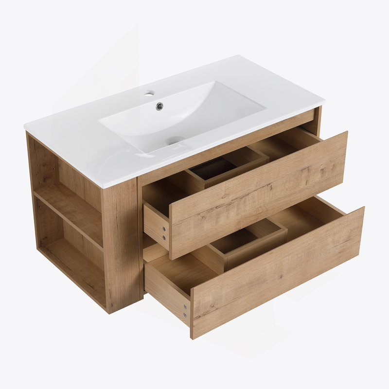 Meuble-lavabo mural 36 po avec lavabo en céramique, Imitation chêne, 36"