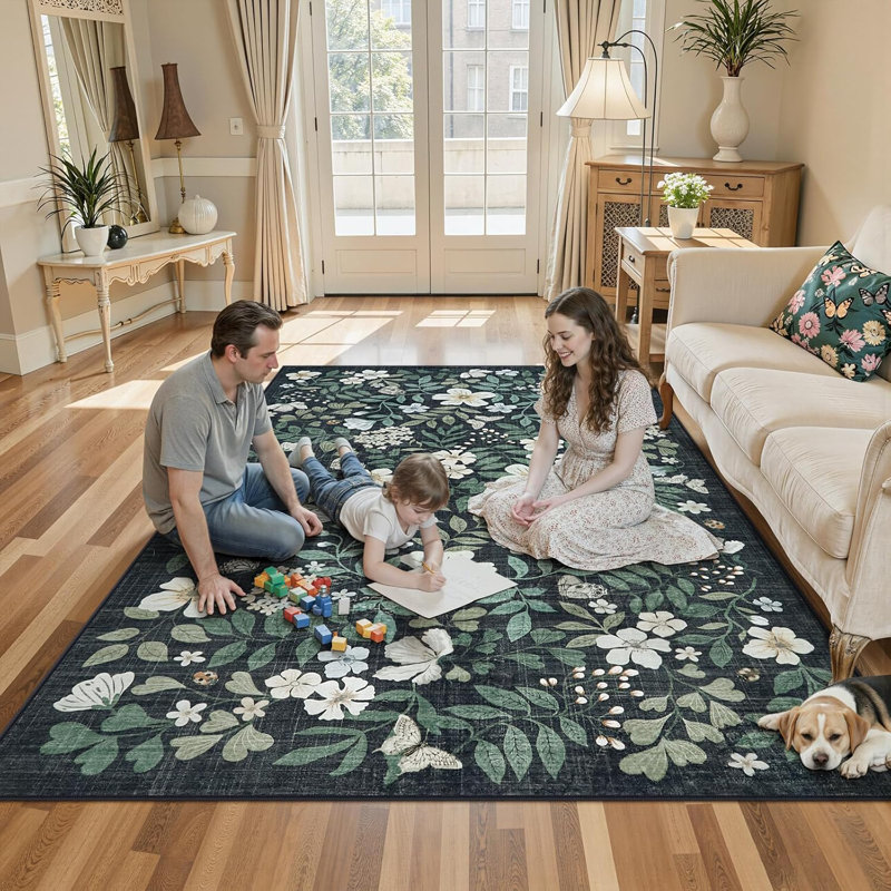 Floral Washable Area Rug Non-Slip Stain Resistant Low-Pile Boho Large Indoor Throw Carpet, Green/Black/White
