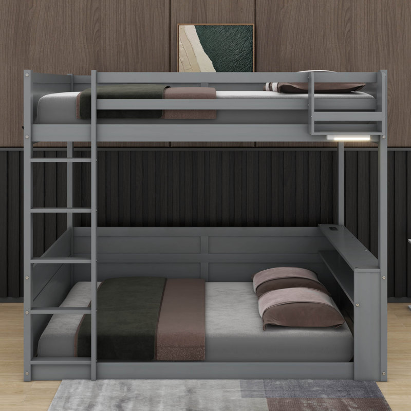 Grand lit superposé avec tablettes, boîte de rangement, lumière DEL et station de charge USB, gris