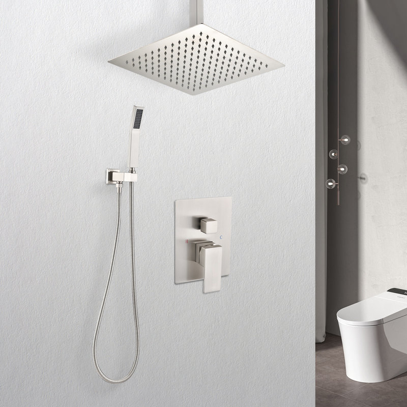 Ceiling Mounted Shower - 16" Head & Handheld, Brushed Nickel, Brass Made Nickel Construction, Brushed Nickel