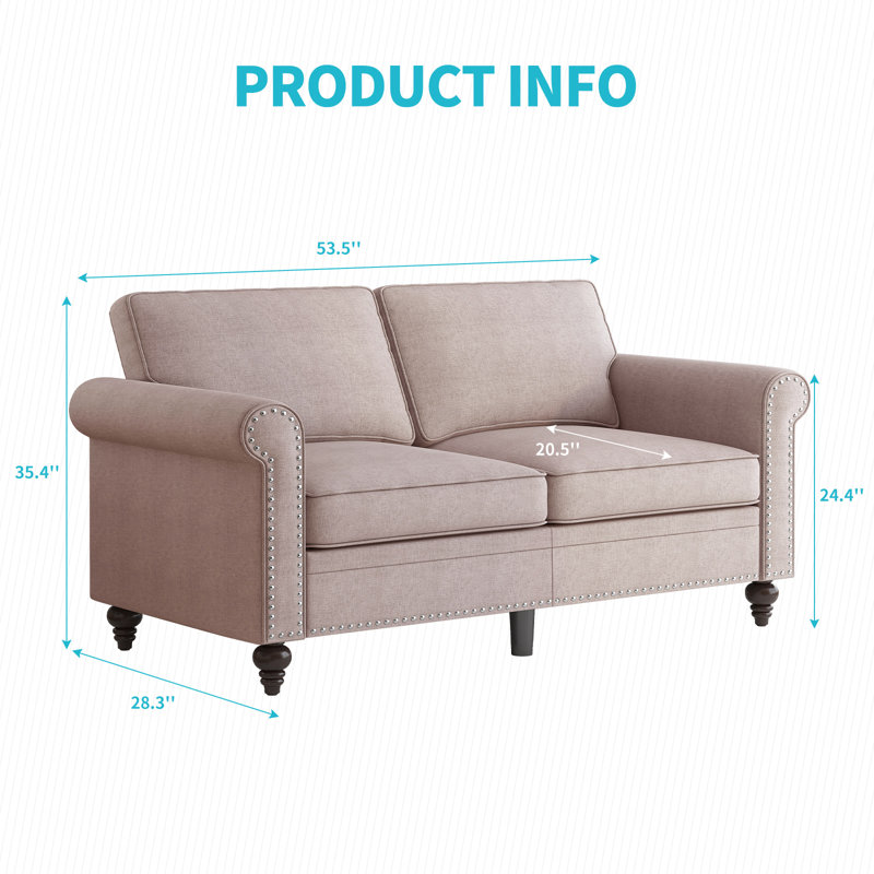 55" Linen Loveseat with Solid Wood Frame & Pocket Coil Springs, Beige