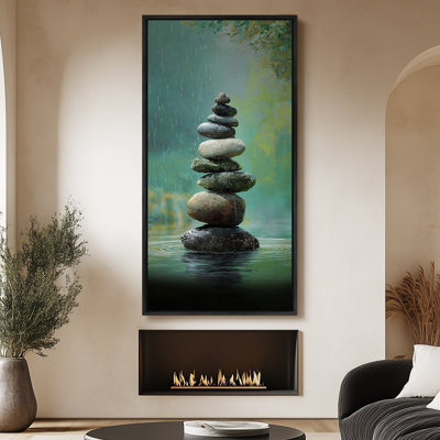 Zen, pierres empilées, réflexion de l'eau, spa, vertical, décoration murale, très grandes photos, impression sur toile encadrée