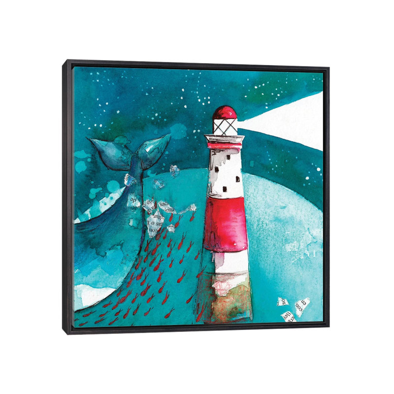 Baleine avec phare - impression, H 26 po x l 26 po x P 1,5 po, Toile avec cadre noir patiné, Pas de tapis