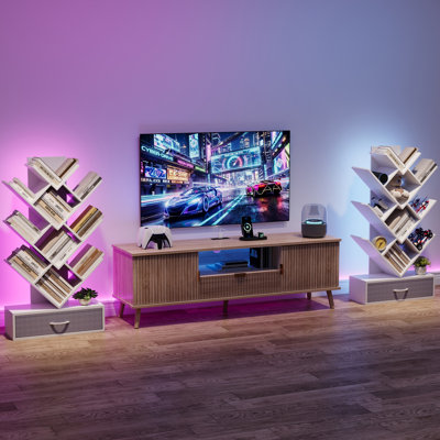 Bibliothèque moderne à 7 niveaux en forme d'arbre avec éclairage DEL et tiroir en tissu – Bibliothèque verticale pour bureau, salon, chambre – Design étroit pour petits espaces – Plateau en bois blanc + tiroir en tissu gris