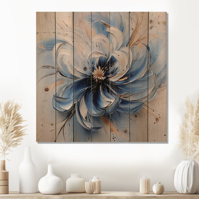 Velours blanc, bleu, chrysanthèmes, Ink River II - impression de bois de chrysanthèmes - sur bois de pin naturel