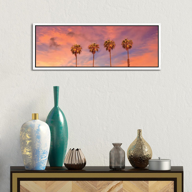Palm Trees Sunset by Melanie Viola - Panoramic Print on Canvas, 30.48cm H x 91.44cm W x 3.81cm D, White Framed