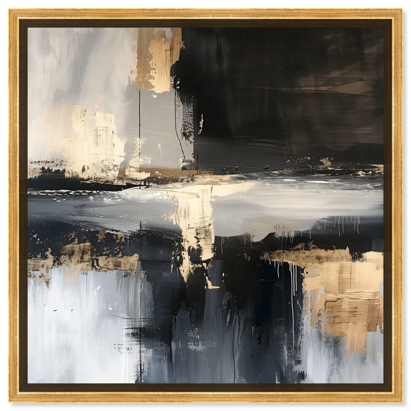 Art abstrait entre les lignes dorées sur toile par Art Remedy, Cadre doré, H 13 po x l 13 po