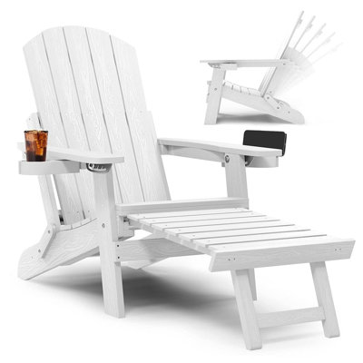 Chaise Adirondack réglable en plastique toutes saisons avec dossier à 5 positions, repose-pieds extensible, porte-gobelet intégré et conception pliable pour patio, terrasse et foyer