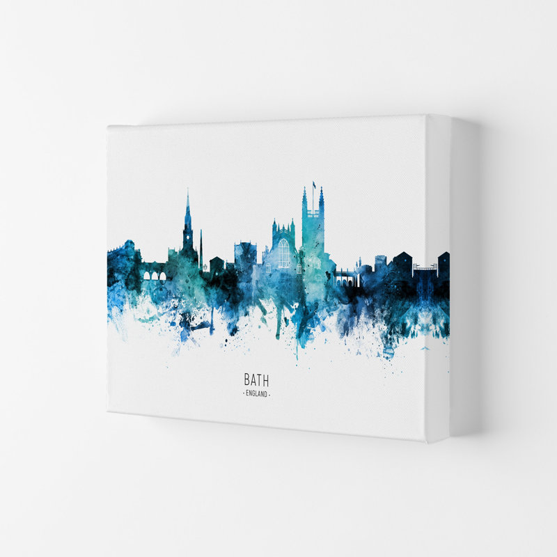 Bath England Skyline Blue City Name by Michael Tompsett - 1 Piece Wall Art, 21cm H x 29.7cm W x 4cm D, Wrapped Canvas