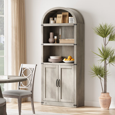 Arched 5-Tier Bookshelf with Doors – 71.65" Tall Modern Wooden Bookcase, Freestanding Display Storage Shelves for Office, Living Room, Bedroom – Grey – 2-Door Model