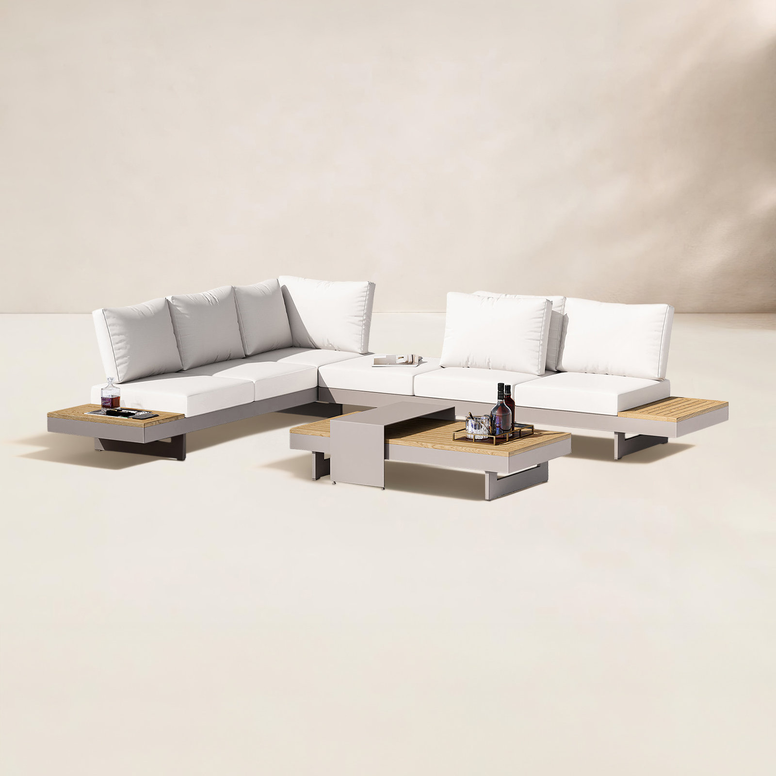 97" Teak Patio Sectional, White