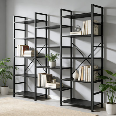 Bibliothèque triple, bibliothèque à 5 niveaux avec cadre en acier, bibliothèque large pour la maison et le bureau, 14 tablettes ouvertes