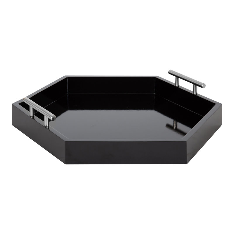 Norvan Hexagon Decorative Tray with Metal Handles, Black/Silver