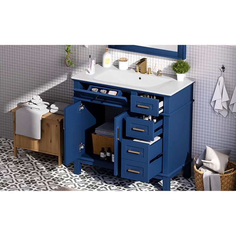 Armoire de salle de bain moderne bleue 36 "avec lavabo en céramique, fonction de fermeture en douceur réglable, quatre tiroirs pour divers articles, cadre et finition 36 、、、、、 4 、